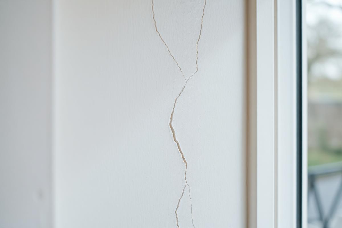 Diagonal crack in painted plaster wall near window — typical sign of subsidence