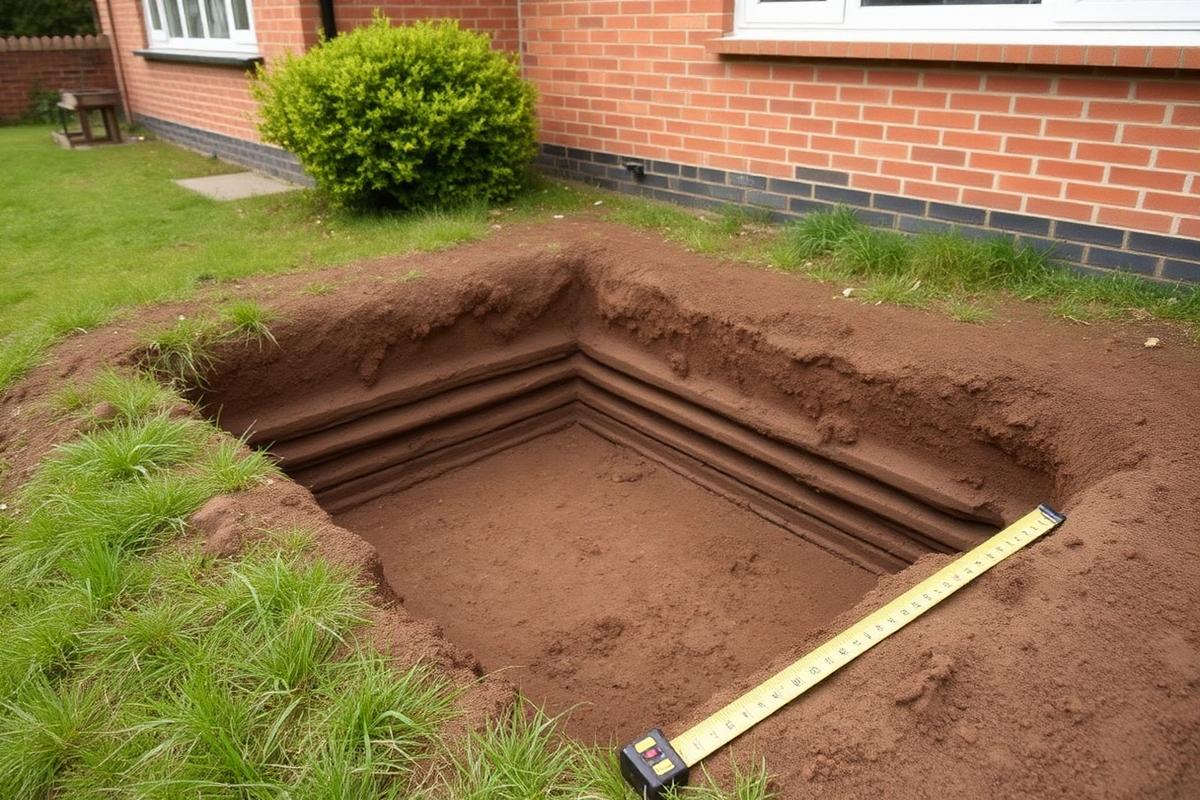 Foundation trial pit being inspected during a subsidence investigation