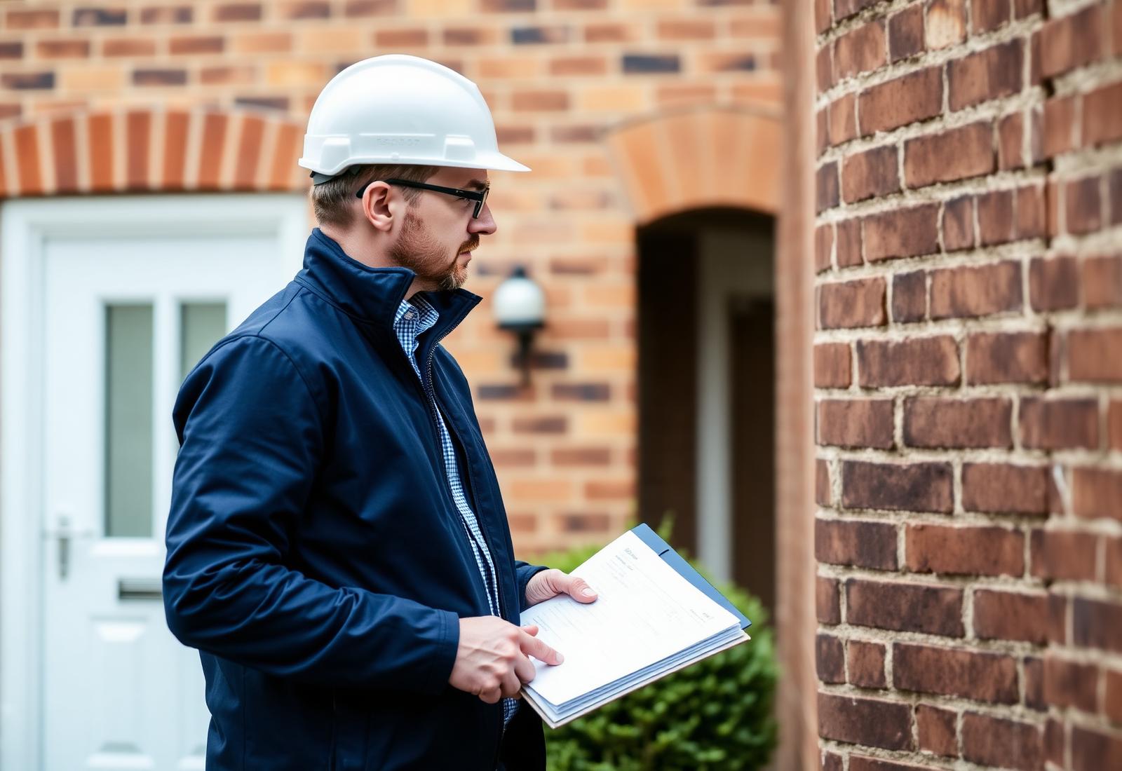Chartered surveyor inspecting a brick wall for signs of subsidence on a UK home